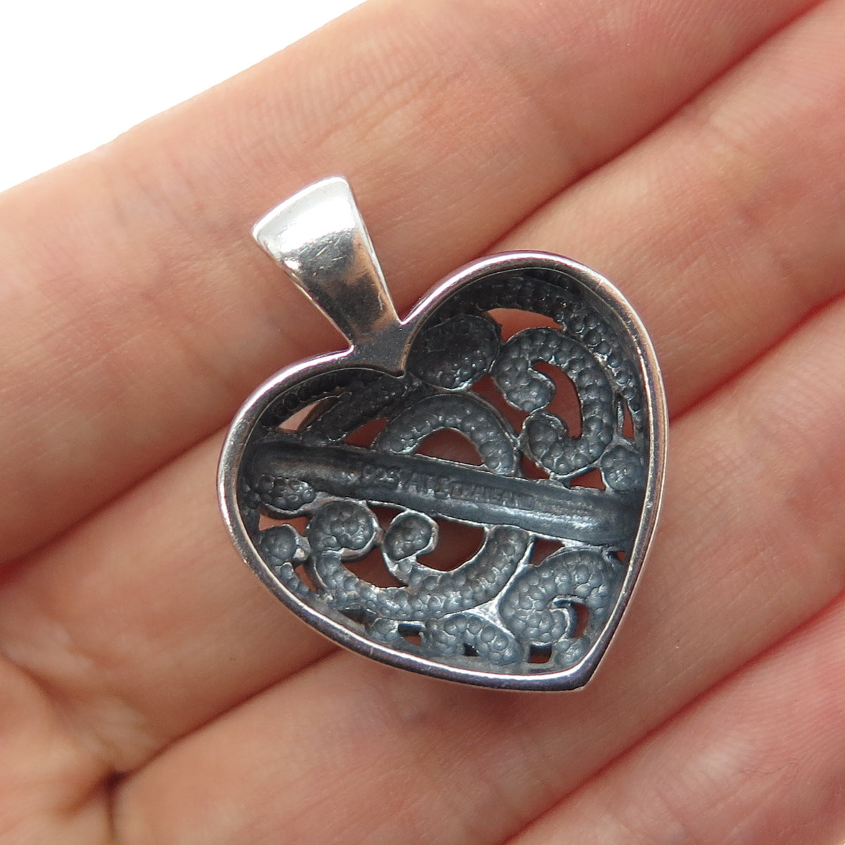 ANNIKA WITT 925 Sterling Silver Vintage Ornate Heart Oxidized Charm Pendant