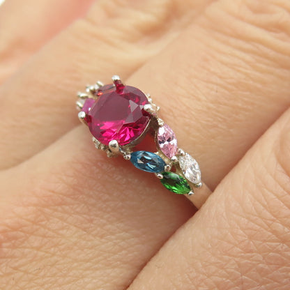 925 Sterling Silver Lab-Created Ruby Chrome Diopside Garnet Topaz Ring Size 8.25