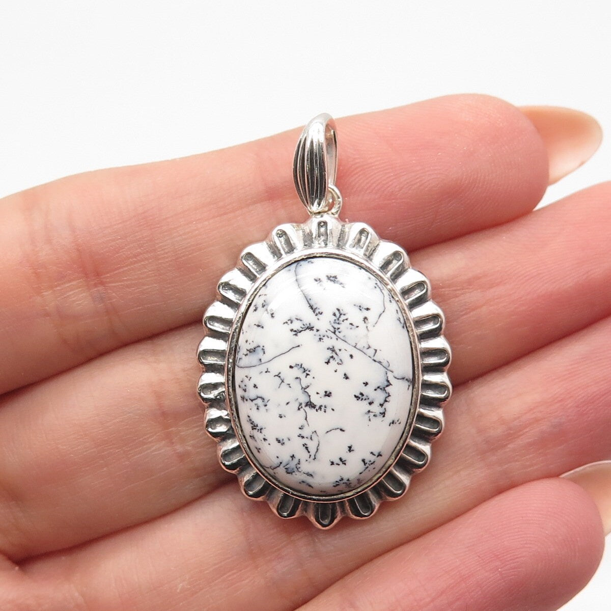 925 Sterling Silver Vintage Real Dendritic Agate Gem Oval Pendant