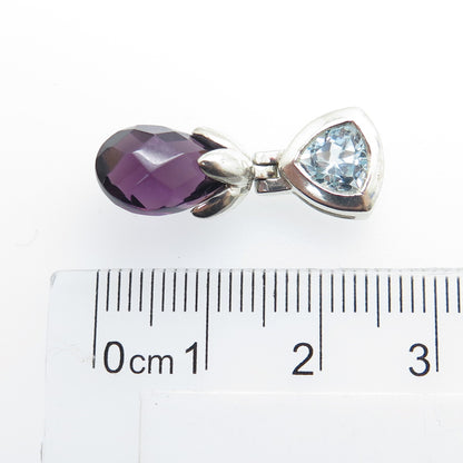 925 Sterling Silver Real Light Blue Topaz & Amethyst Gemstone Slide Pendant