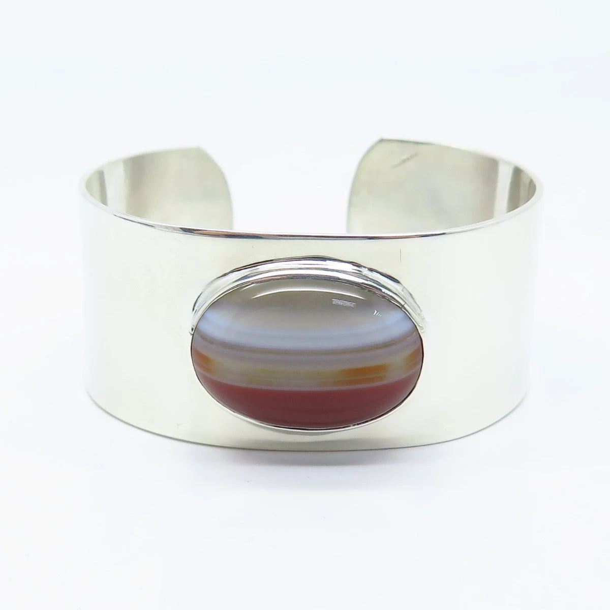 925 Sterling Silver Vintage Real Agate Gemstone Cuff Bracelet 6"