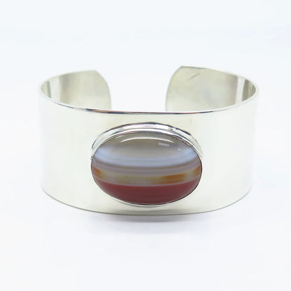 925 Sterling Silver Vintage Real Agate Gemstone Cuff Bracelet 6"