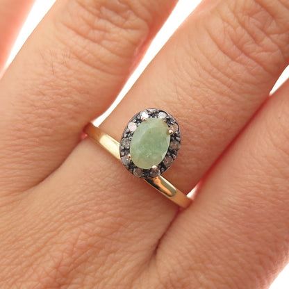 925 Sterling Silver Gold Plated Real Diamond & Emerald Ring Size 8