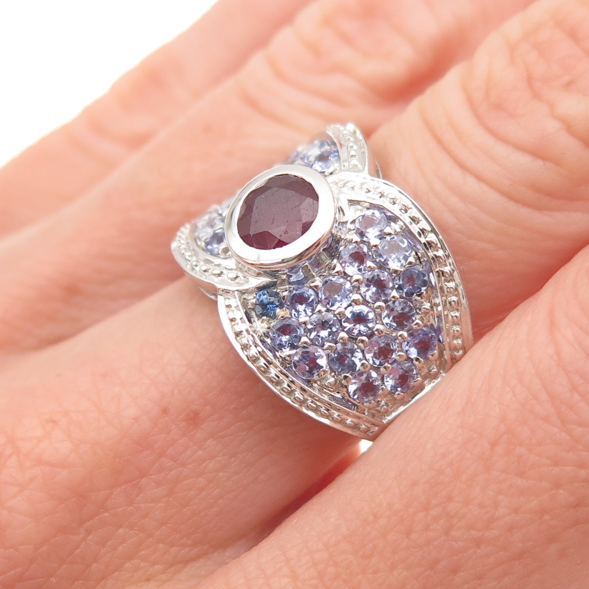 925 Sterling Silver Real Round-Cut Ruby & Tanzanite Ring Size 6.75
