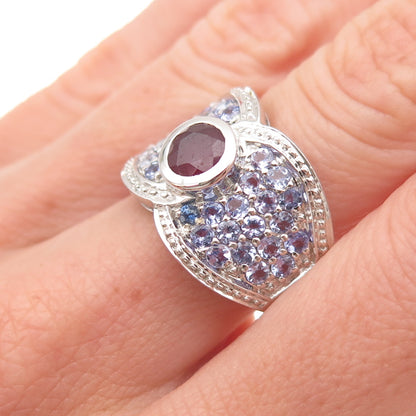 925 Sterling Silver Real Round-Cut Ruby & Tanzanite Ring Size 6.75