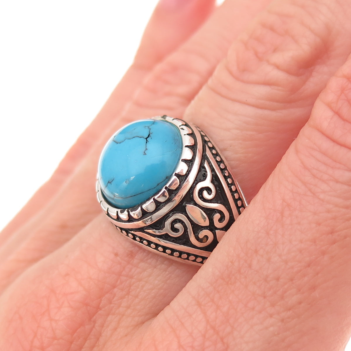 925 Sterling Silver Vintage Real Turquoise Oxidized Ring Size 9.25