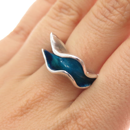 925 Sterling Silver Vintage Enamel Modernist Wavy Ring Size 7.75