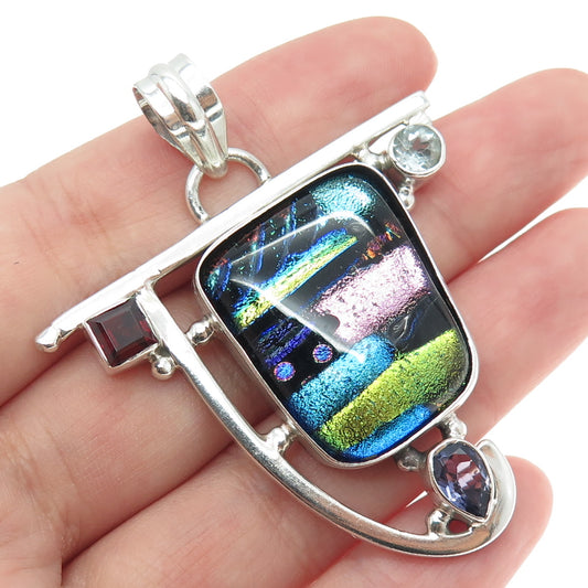 925 Sterling Silver Vintage Iolite Red Garnet Blue Topaz Gem Roman Glass Pendant