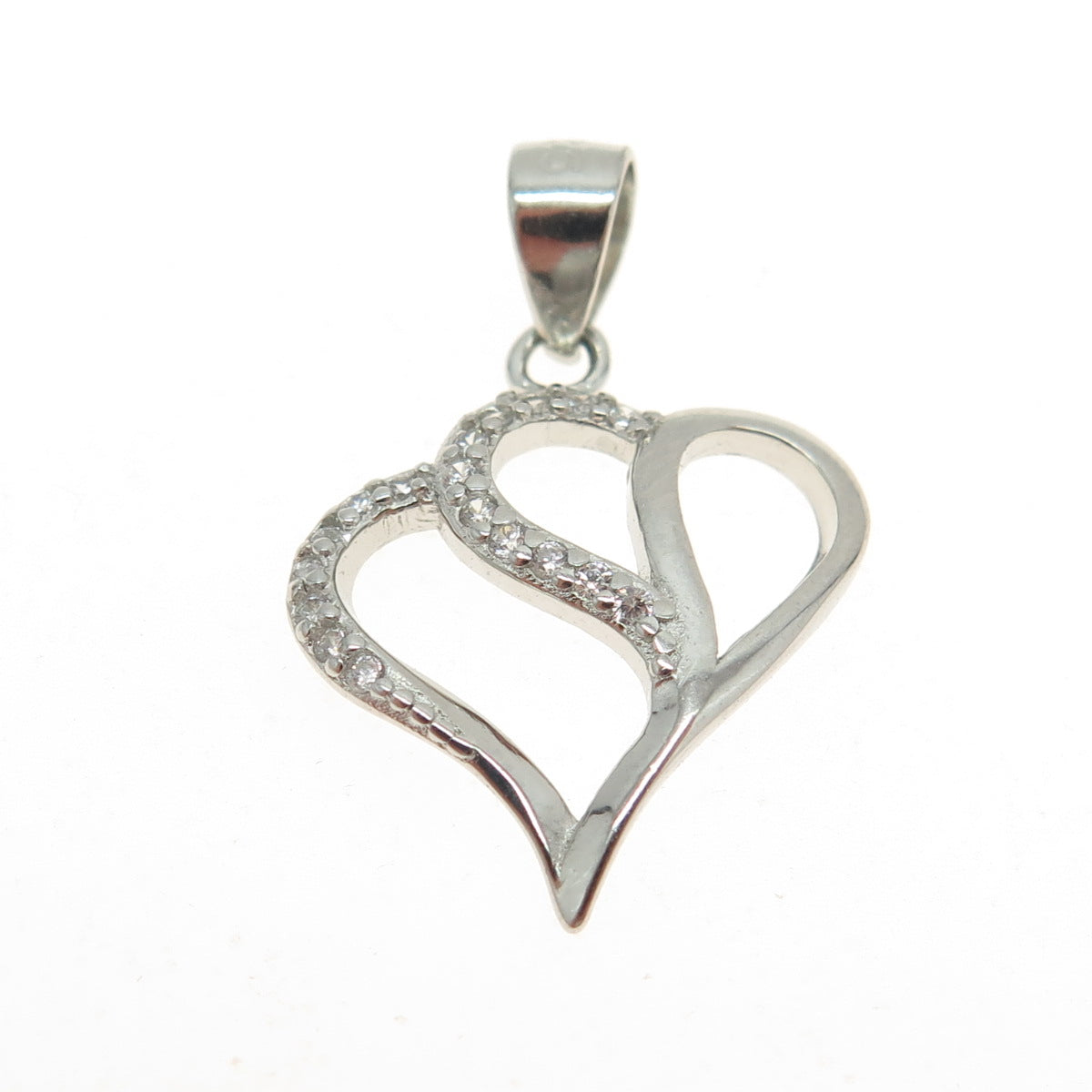 925 Sterling Silver Round-Cut Shaped C Z Couple of Hearts Pendant