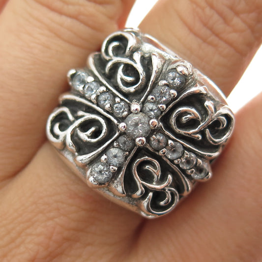 AMAL GUESSOUS 925 Sterling Silver Vintage Real White Topaz Cross Ring Size 10.25
