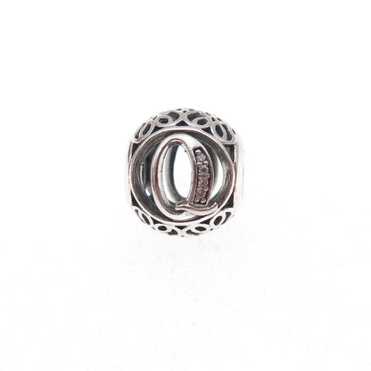Pandora 925 Sterling Silver C Z Letter Q Slide Bead Charm