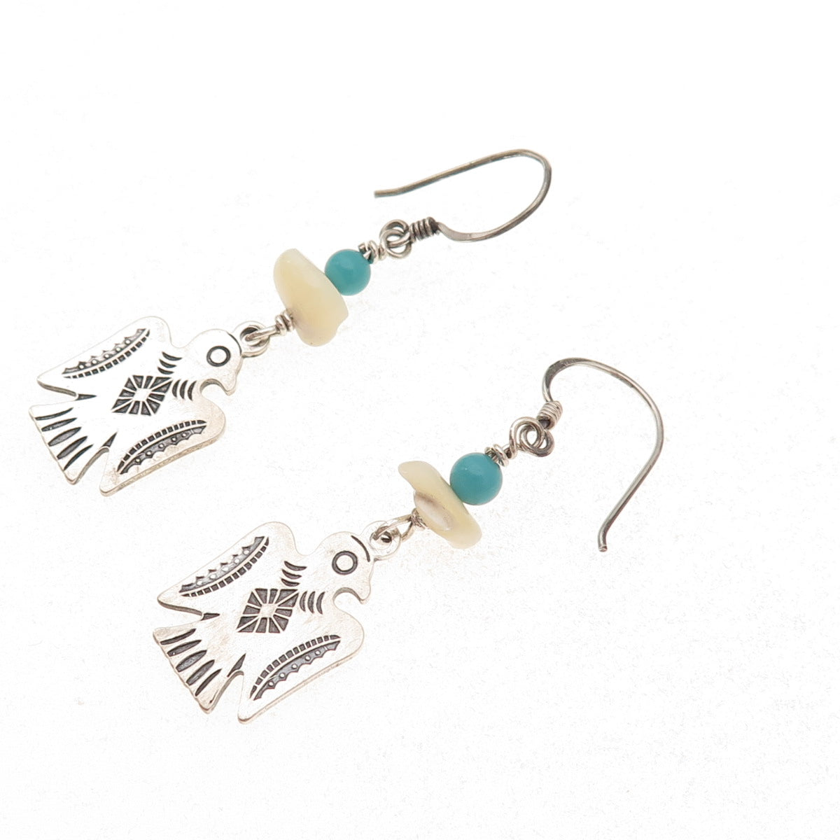 Old Pawn 925 Sterling Silver Vintage Turquoise & MOP Thunderbird Dangle Earrings
