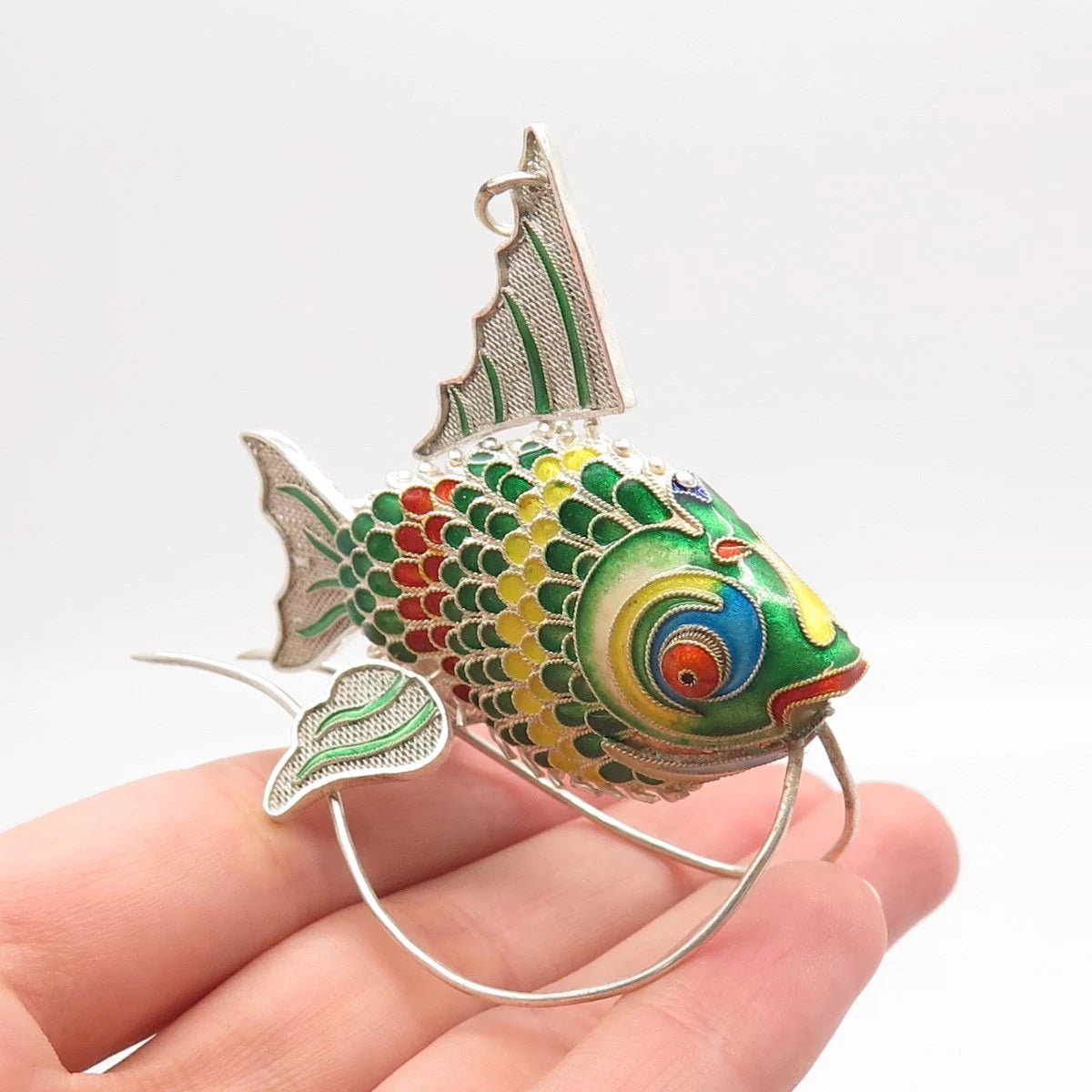 925 Sterling Silver Enamel Antique Articulated Chinese Koi Fish Pendant / Fob