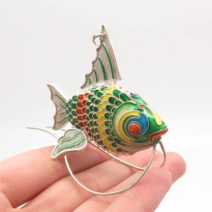 925 Sterling Silver Enamel Antique Articulated Chinese Koi Fish Pendant / Fob