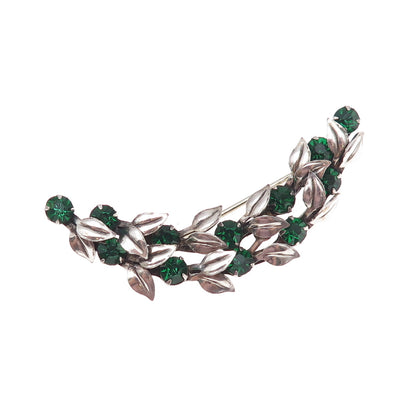 925 Sterling Silver Antique Art Deco Green Rhinestone Floral Pin Brooch