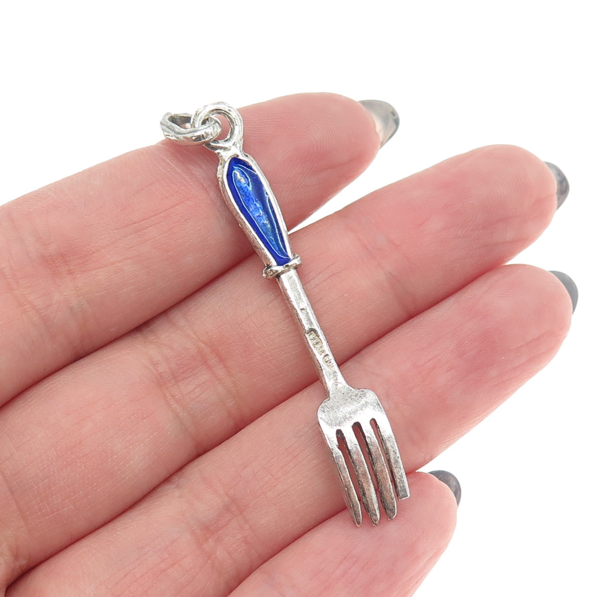 800 Silver Vintage Italy Red & Blue Enamel Fork Pendant