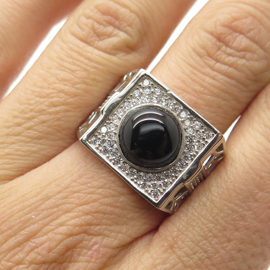 925 Sterling Silver Real Black Onyx Gemstone & C Z Ring Size 9.5