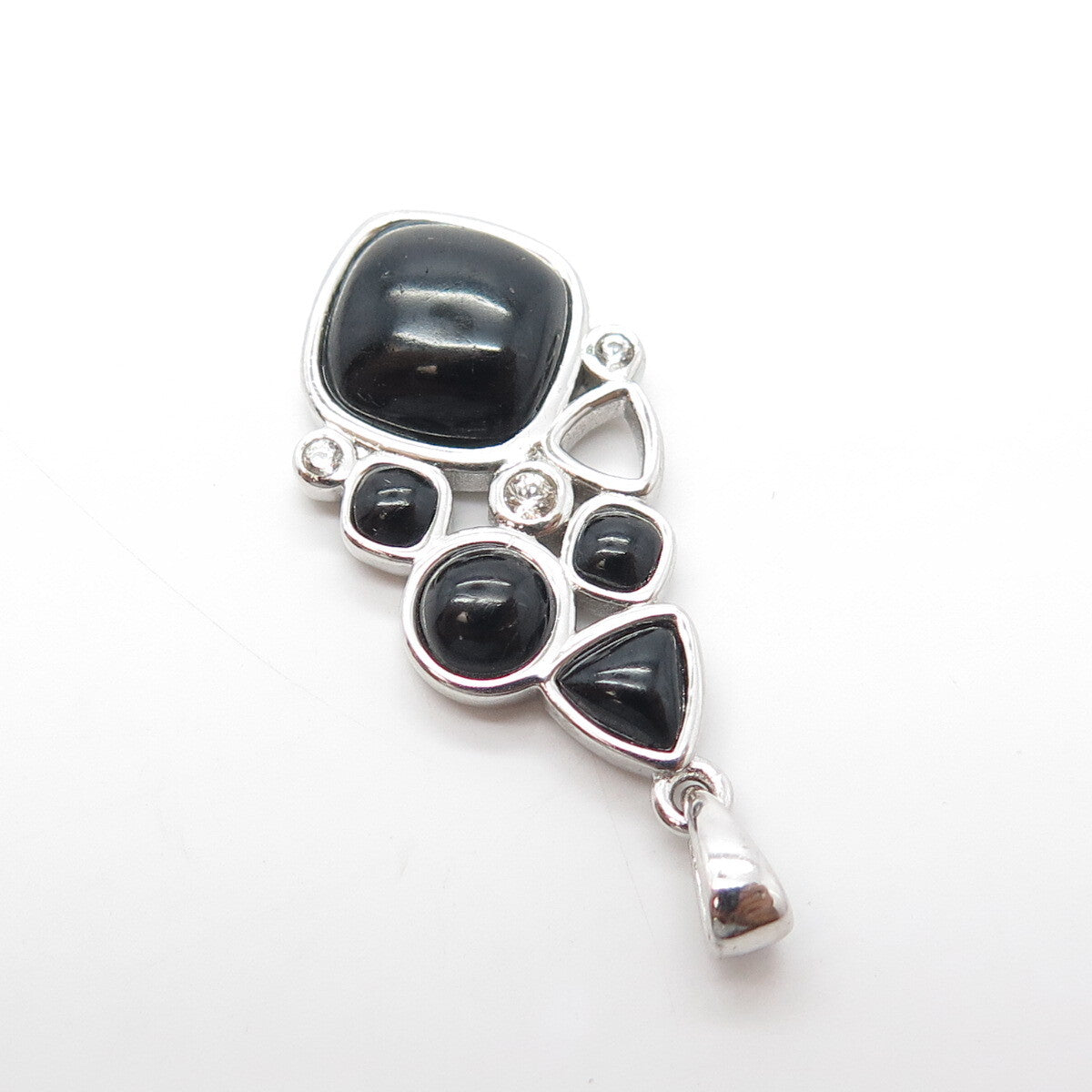 925 Sterling Silver Real Black Onyx & White Topaz Cluster Pendant