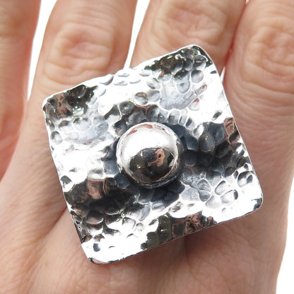 925 Sterling Vintage Modernist Hammered Square Oxidized Statement Ring Size 8