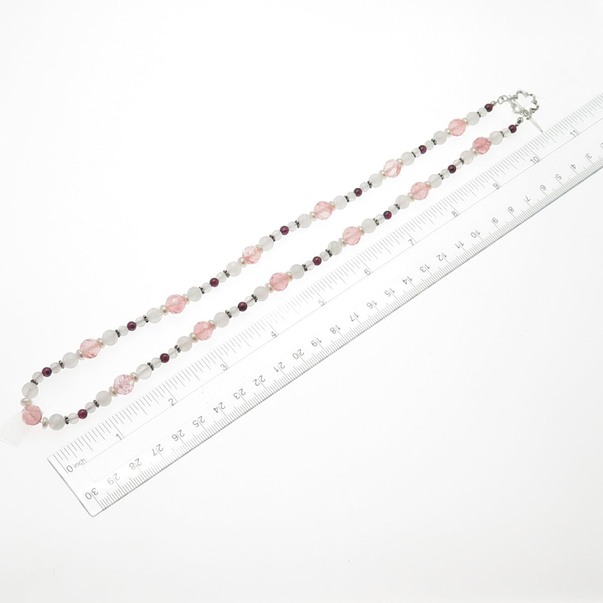 925 Sterling Vintage Rose & Cherry Quartz Tourmaline Beaded Chain Necklace 22"