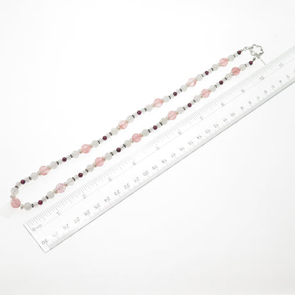 925 Sterling Vintage Rose & Cherry Quartz Tourmaline Beaded Chain Necklace 22"