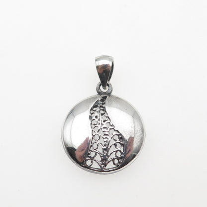 925 Sterling Silver Vintage Modernist Floral Filigree Oxidized Charm Pendant