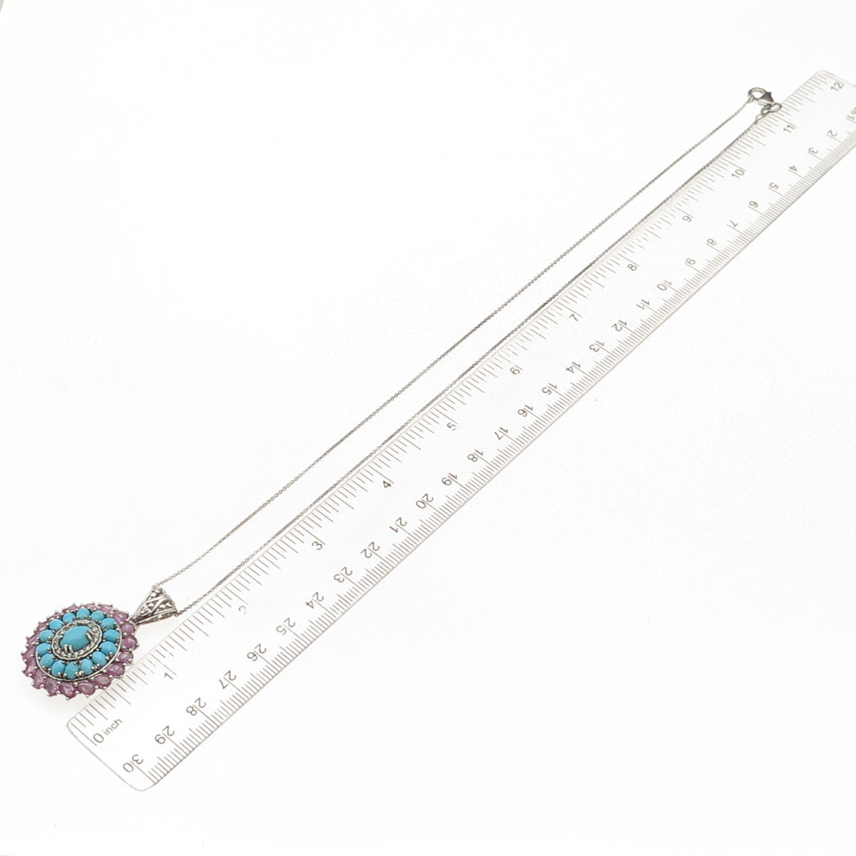 D'Joy 925 Sterling Silver Real Turquoise Ruby & White Topaz Chain Necklace 20"