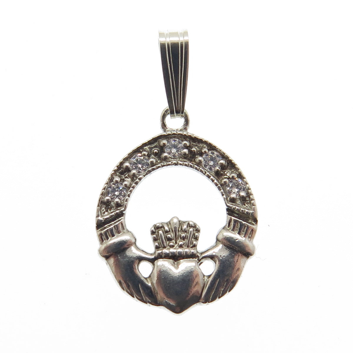 925 Sterling Silver Vintage Round-Cut Shaped C Z Irish Claddagh Pendant