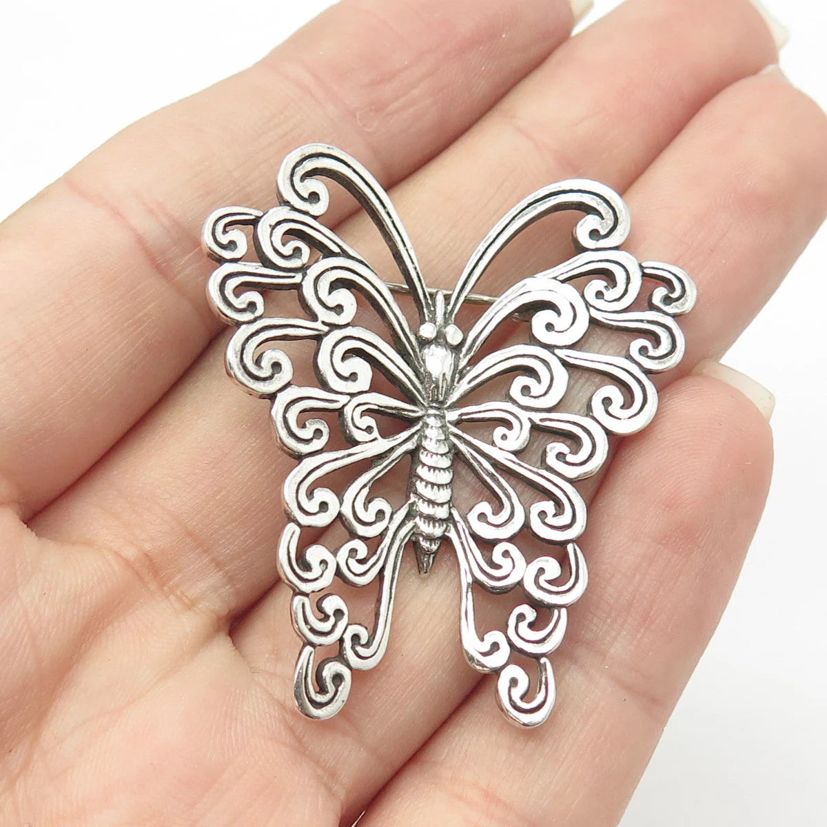 925 Sterling Silver Vintage Butterfly Ornate Pin Brooch