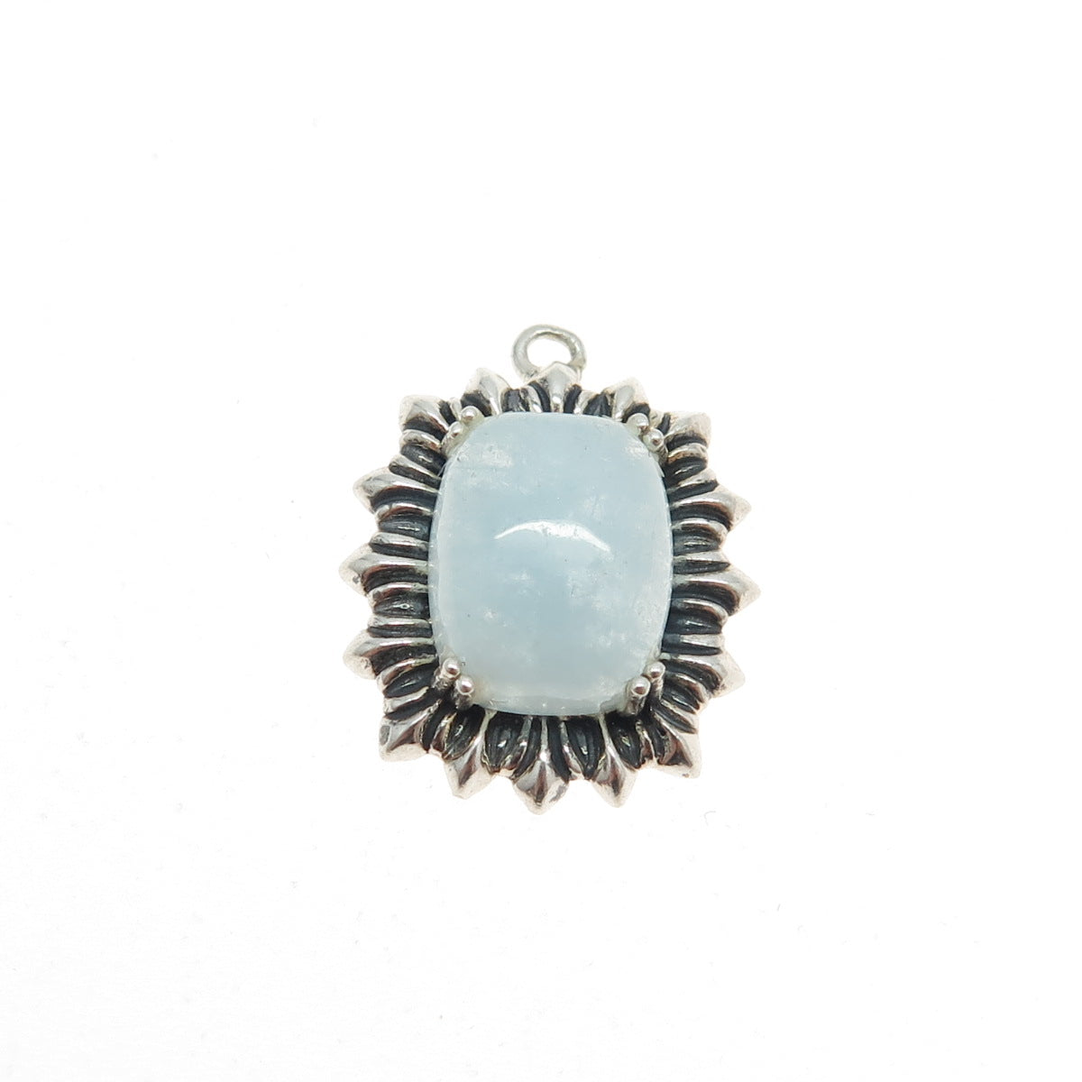 925 Sterling Silver Vintage Real Milky Aquamarine Gem Ribbed Pendant