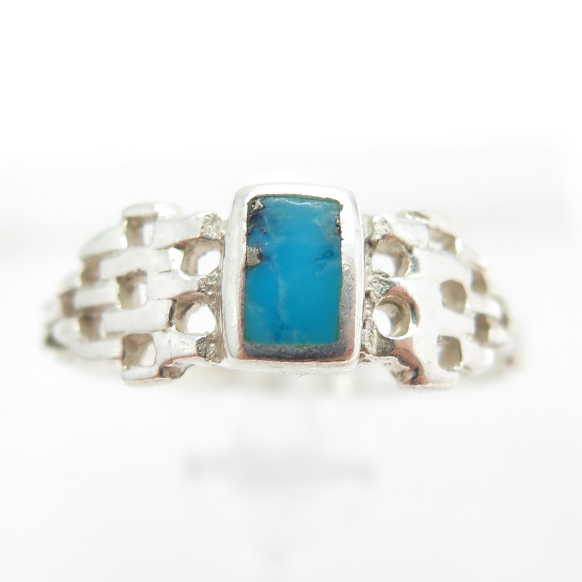 925 Sterling Silver Vintage European Real Kingman Turquoise Mesh Ring Size 7.75