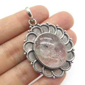 925 Sterling Silver Vintage Real Rutilated Quartz Flower Oxidized Pendant