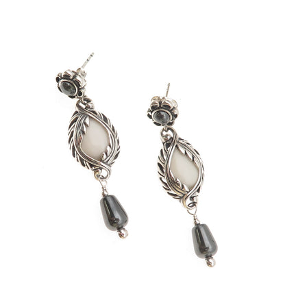 Carolyn Pollack Sterling Silver Vintage Real White Onyx Hematite Floral Earrings