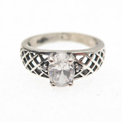 925 Sterling Silver Vintage Oval & Round-Cut C Z Oxidized Ring Size 5.25