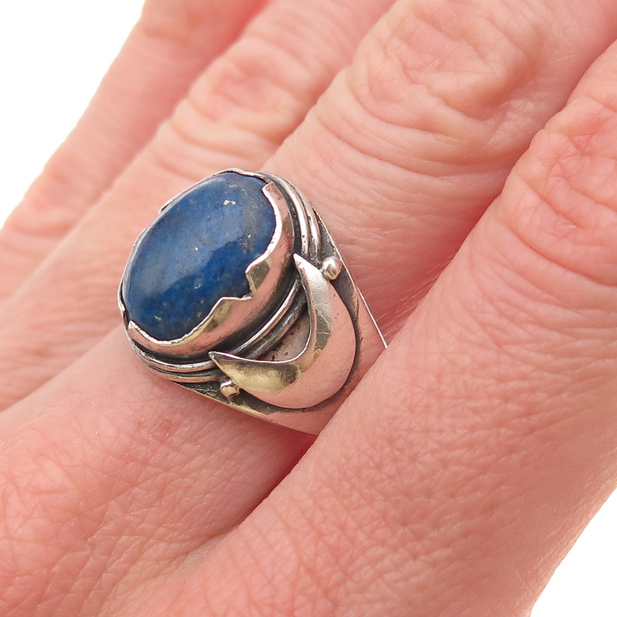 925 Sterling Silver Vintage Real Lapis Modernist Oxidized Ring Size 8.75
