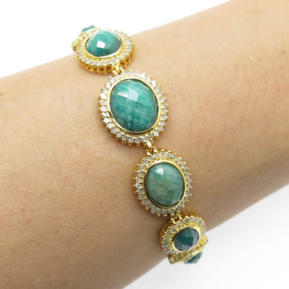 925 Sterling Silver Gold Plated Diamond & Emerald Gem Tennis Link Bracelet 6.75"