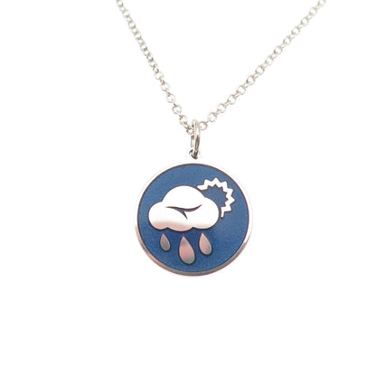 925 Sterling Silver Blue Enamel Rain Cloud Round Tag Cable Chain Necklace 18"