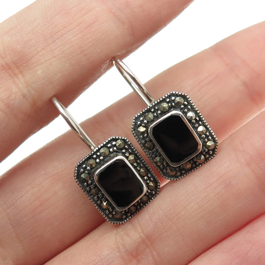 925 Sterling Silver Vintage Real Black Onyx & Marcasite Art Deco Style Earrings