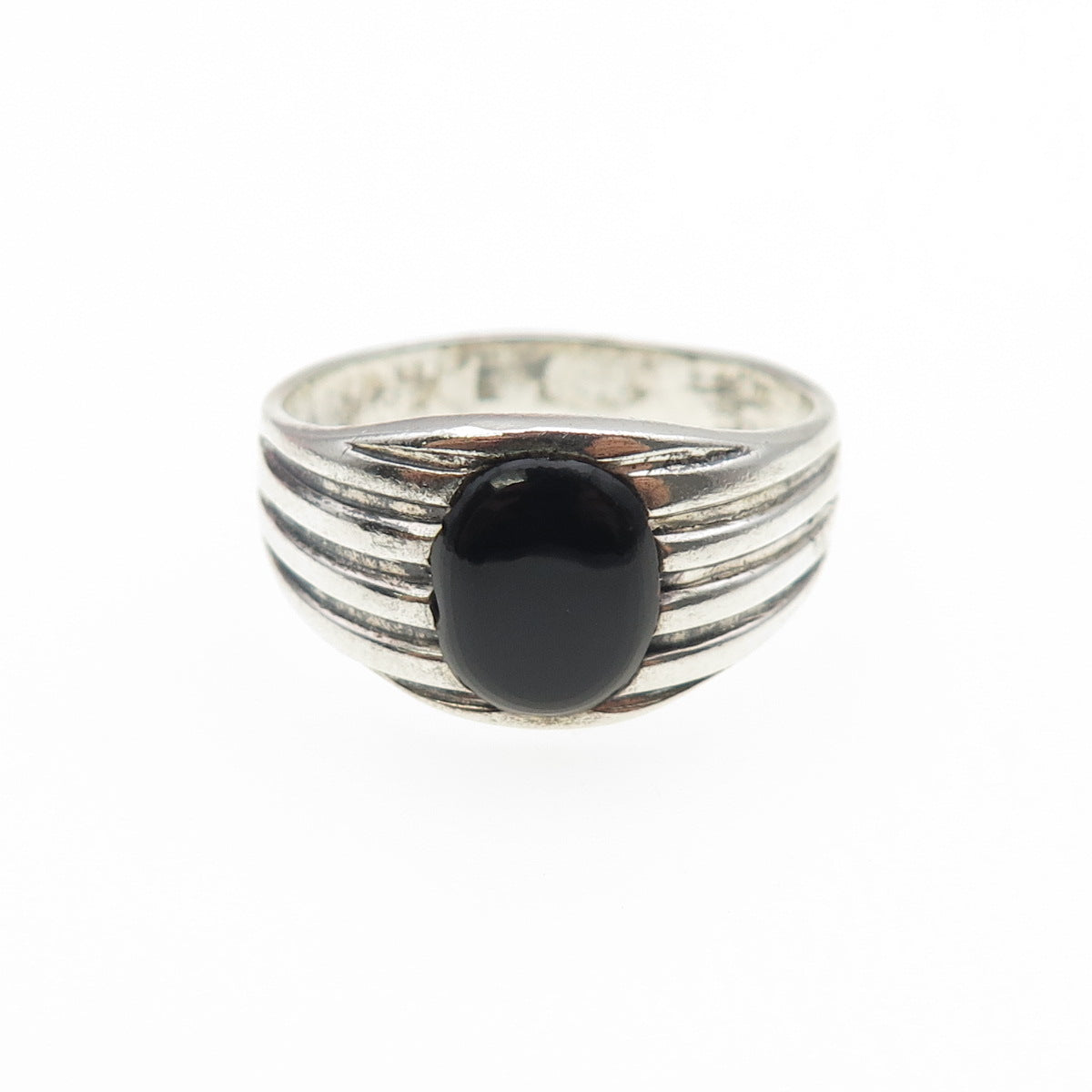 925 Sterling Silver Vintage Real Black Onyx Modernist Oxidized Ring Size 12
