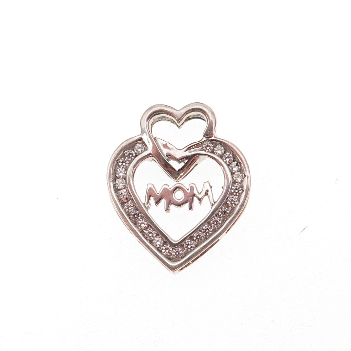 925 Sterling Silver Round-Cut C Z Mom Heart Slide Charm Pendant