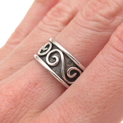 925 Sterling Silver Vintage Modernist Spiral Oxidized Band Ring Size 7.75