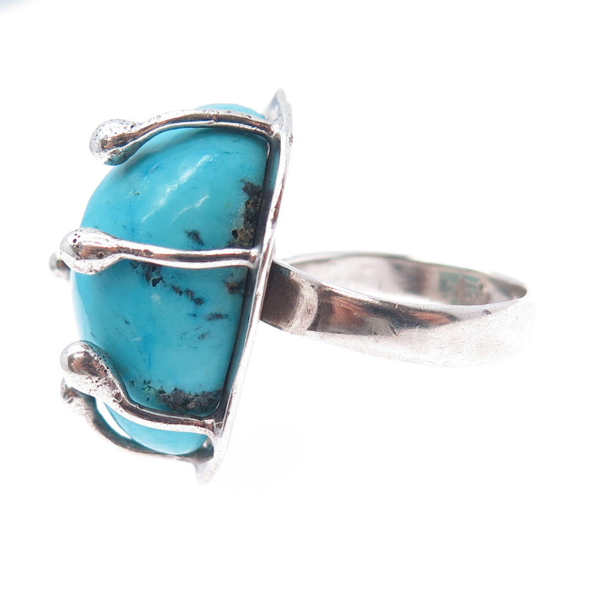 925 Sterling Silver Vintage HOB Mexico Real Turquoise Adjustable Ring Size 7.5