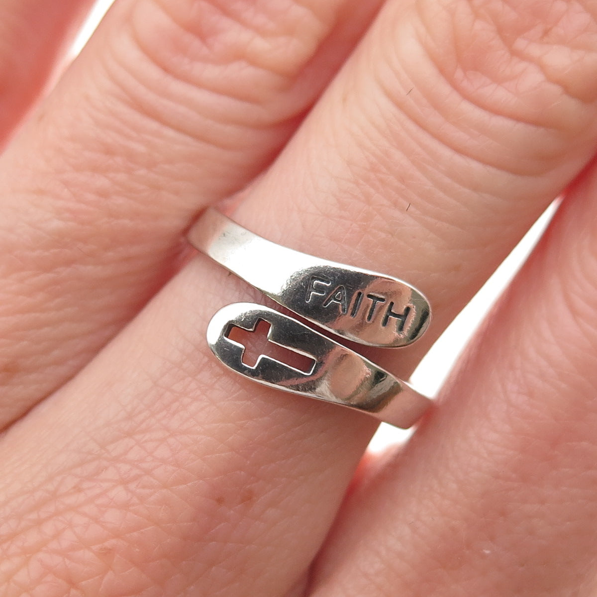 925 Sterling Silver Vintage Faith Cross Adjustable Bypass Ring Size 6.75