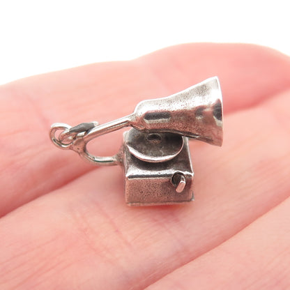 925 Sterling Silver Antique Art Deco Gramophone Oxidized 3D Mini Charm Pendant