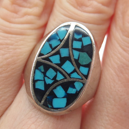 Old Pawn 925 Sterling Silver Vintage Southwestern Turquoise Inlay Ring Size 9.25