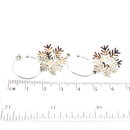 925 Sterling Silver 2-Tone Snowflake Charm Hoop Earrings