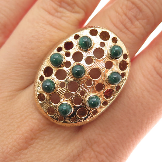 925 Sterling Silver Gold Plated Vintage Real Malachite Modernist Ring Size 8