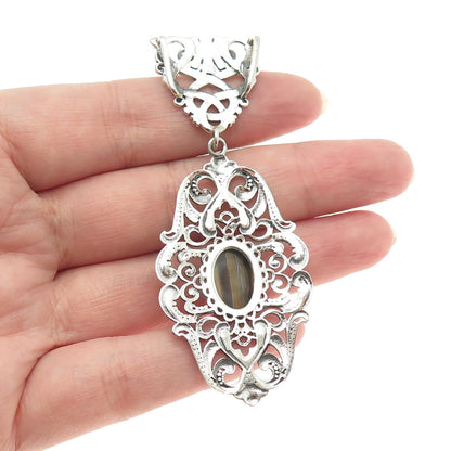 925 Sterling Silver Vintage Real Tiger Eye Celtic Knot Swirl Oxidized Pendant