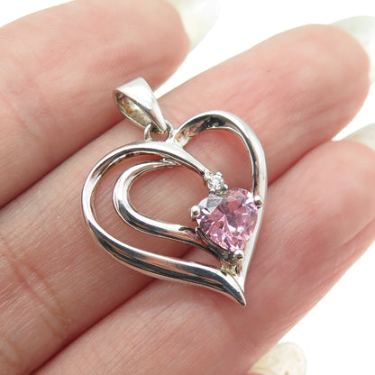 HAN 925 Sterling Silver White & Pink C Z Open Heart Pendant