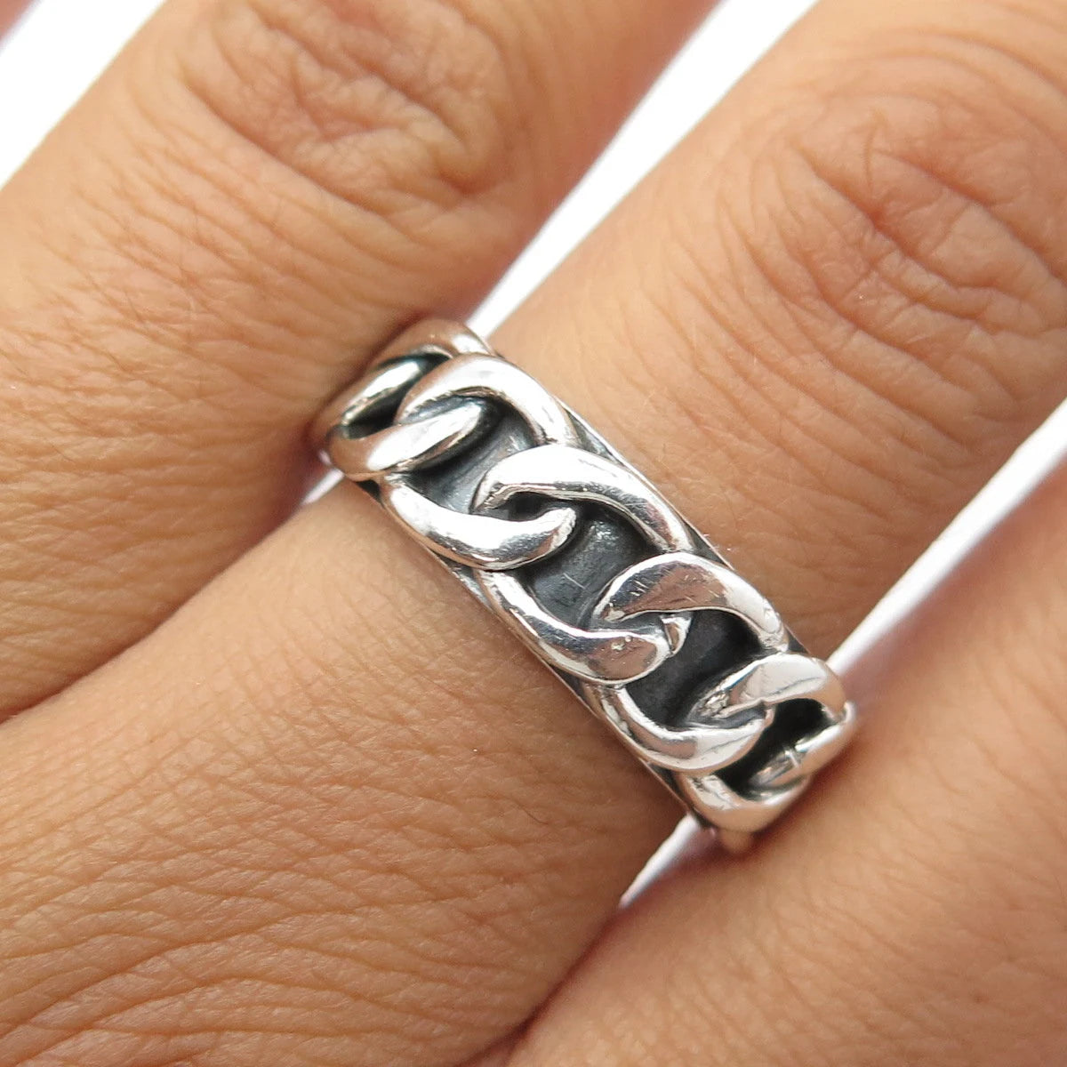 925 Sterling Silver Vintage Cable Link Style Oxidized Band Ring Size 8.75